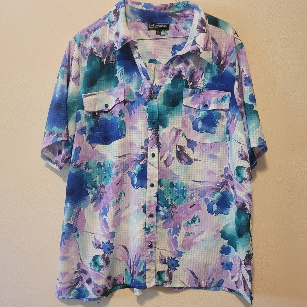 Elementz Shirt Wmns XL Blue Purple Button Up Boho Floral Blouse Top